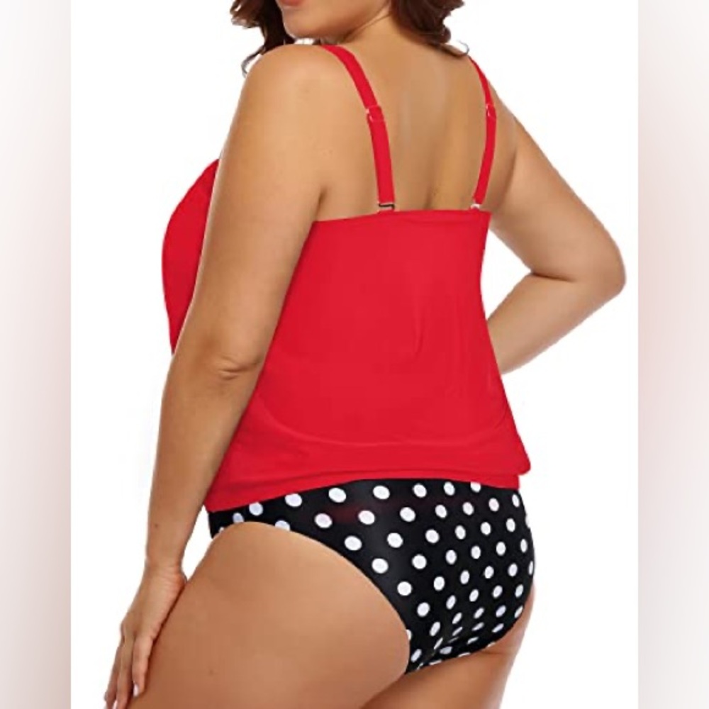 NWT- YONIQUE Tummy Control Bathing Suit Blouson Tankini Swimsuit-Red Dot - Picture 4 of 15